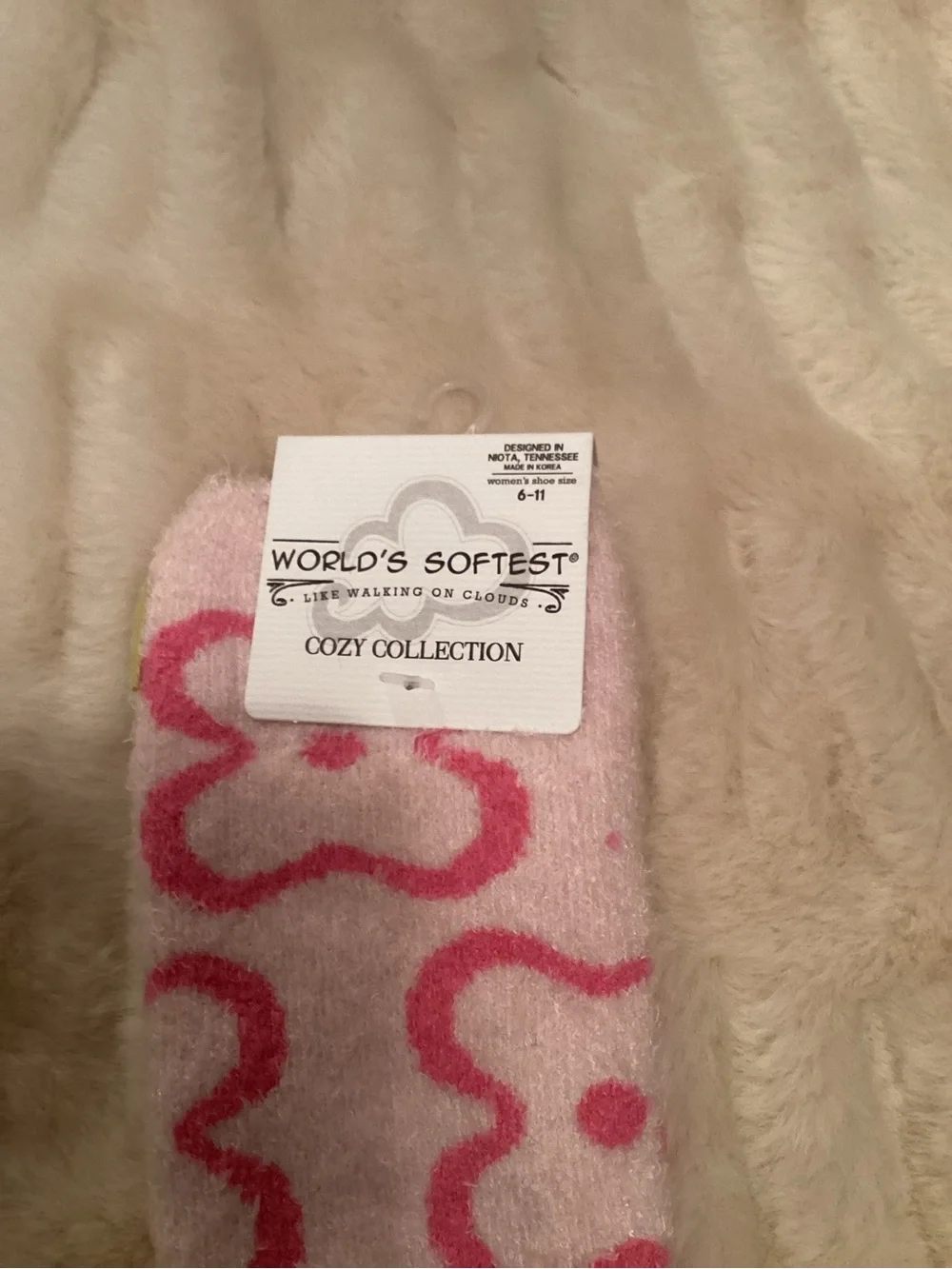 Women's Pink Floral Fuzzy Socks with Yellow Accents